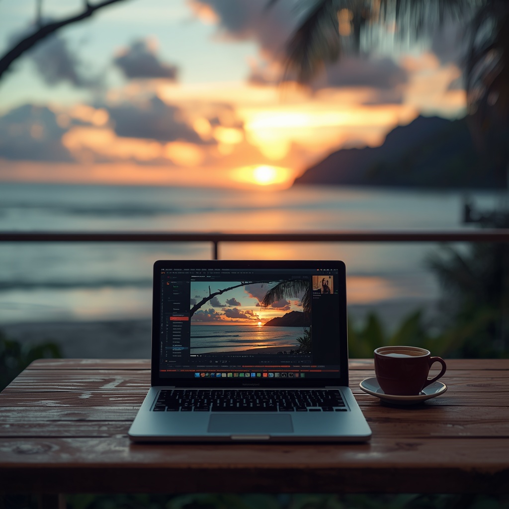 A close-up of a modern passport on top of a sleek laptop keyboard next to a vintage compass and a minimalist boarding pass, elegant flat lay, soft natural lighting, high resolution, no people